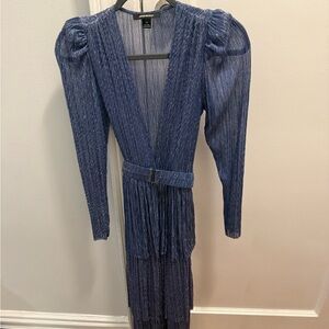Sabina Musayev Shimmering Blue Long Sleeve MIDI Dress